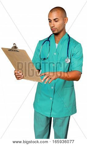 Portrait of a Male Nurse / Doctor Looking at Clipboard