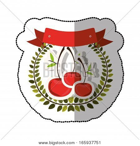 middle shadow sticker colorful with olive crown with cherrys set vector illustration