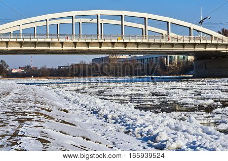 Ice on the river Warta in Poznan