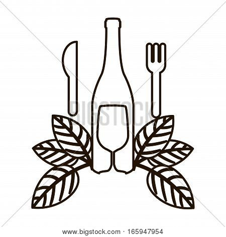 countour bottle wine and goblet with leaves vector illustration