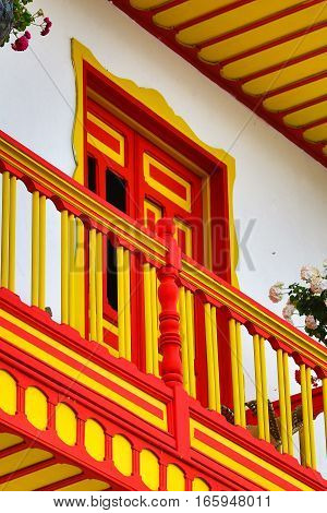 September 23, 2016 Filandia, Colombia: colonial style wooden balcony in the centre of the coffee producing small town