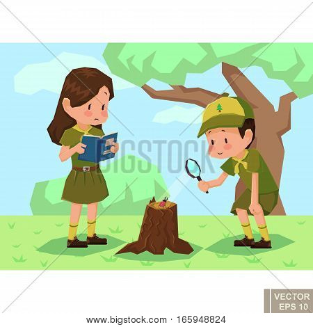 Children Scouts In Forest. Girlscout Boyscout Vector Flat Cartoon Illustration