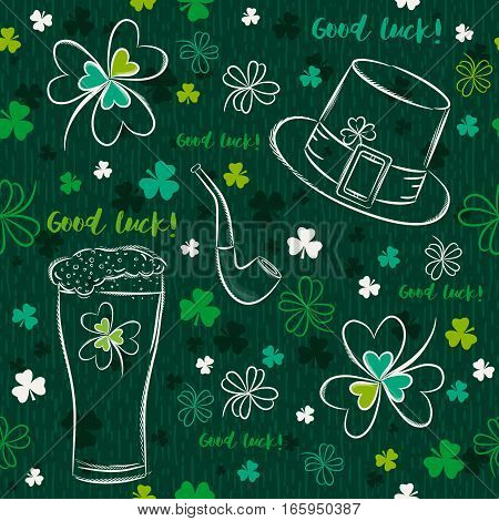 Green seamless background for Patricks day with ber mug hat pipe and shamrocks vector illustration
