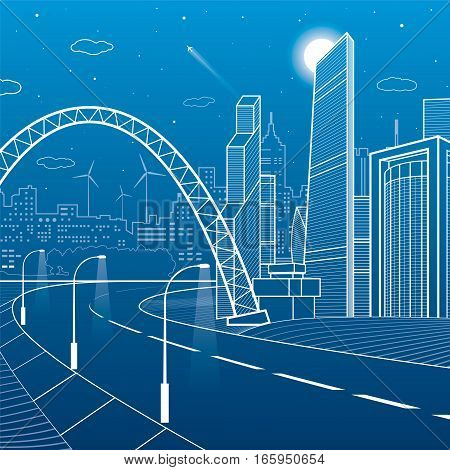 Highway under the bridge. Night city on background, neon town, business buildings, towers and houses on skyline, infrastructure illustration, airplane fly, urban scene, vector design art