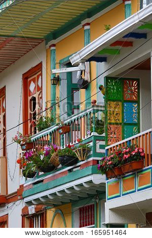 September 23, 2016 Filandia, Colombia: colourful colonial style architecture in the small coffee producing town