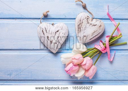 Two decorative hearts and tender white and pink spring tulips on blue wooden background. Pastel colors. Shubby chic. Selective focus.