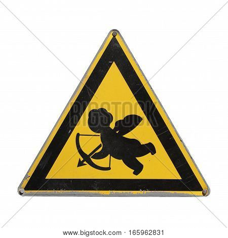 Careful Cupid. Amur. Caution love. Valentines day. Yellow triangle. Sign for collage