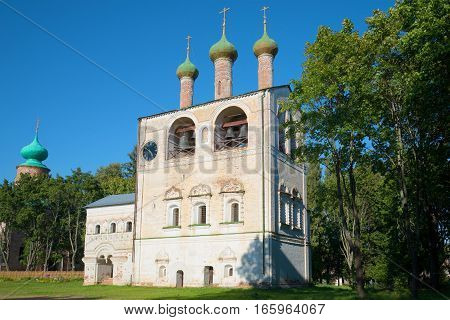 Belfry of the Borisoglebsky Rostovskiy Monastery in the August afternoon. Yaroslavl region, Russia