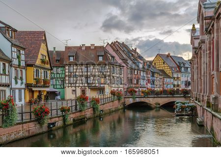 Embankment of Lauch River with historical houses in Colmar Alsace France
