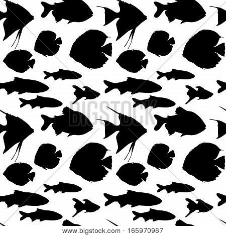 Seamless pattern with different black fishes on white background, vector illustration