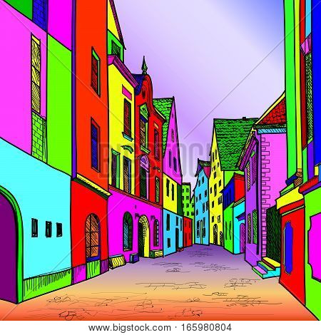 Street in old city. Cityscape - houses, tower, buildings and tree on alleyway. Old city view. Medieval european castle landscape. Funky journey background in 1960s pop art style.
