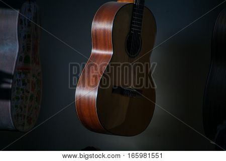 a row of classical unfinished guitar at workshop in sunlight.