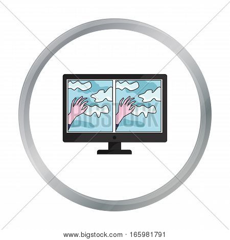 Virtual reality glasses overlay on monitor icon in cartoon style isolated on white background. Virtual reality symbol vector illustration.