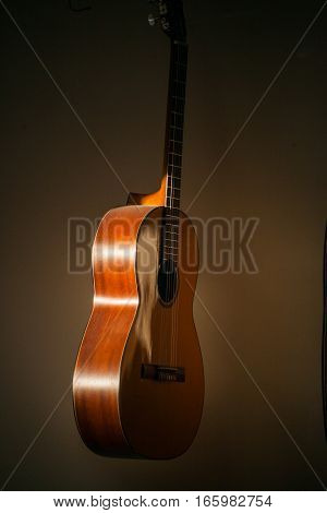 a row of classical unfinished guitar at workshop in sunlight.