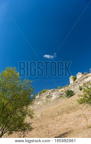 Bottom view of the medieval Karaite kenesa of the city-fortress Chufut-Kale. Bakhchysaray Crimea