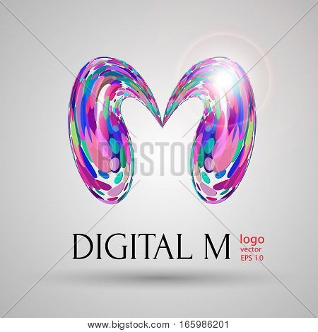 Vector digital modern bubble style M letter vector illustration on light grey background. Logo brand name design element web design poster banner print advertisement. liquid mixed colored purple shade