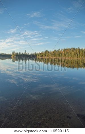 Dead calm lake in early morning with reflections of conifers and wispy cirrus clouds