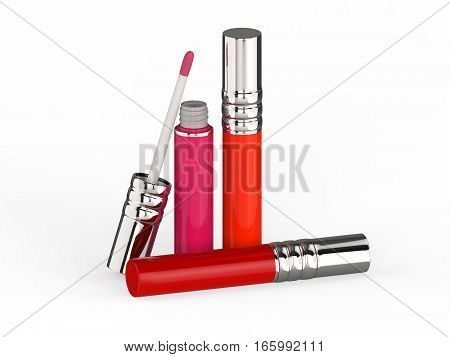 3D illustration three red lip gloss on a white background