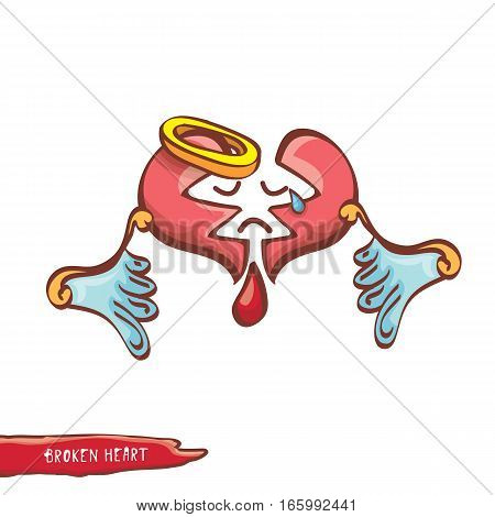 vector cartoon style red broken heart isolated on white background. vector concept icon of divorce, depression, bad mood, heart disease or unrecognized teen love.