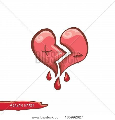 vector cartoon style red broken heart isolated on white background. vector concept icon of divorce, depression, bad mood, heart disease or unrecognized teen love.