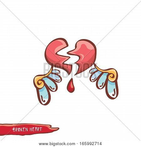 vector cartoon style red broken heart isolated on white background. vector concept icon of divorce, depression, bad mood, heart disease or unrecognized teen love.