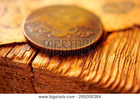 Old Coin Close-up On An Old Table, Macro Focus On A Coin