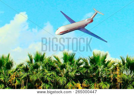 The Plane Flies Over The Tropical Trees To Land On A Clear, Sunny Summer Day