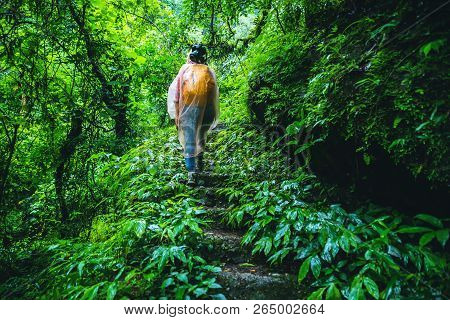 Asian Women Travel Take A Picture Nature Study. Travel The Highest Waterfall In Chiangmai Mae-pan Ra