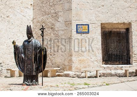 Cartagena De Indias, Colombia - August, 2018: Statue Of The Pope John Paul Ii Located Next To The Ca
