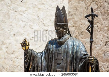 Cartagena De Indias, Colombia - August, 2018: Statue Of The Pope John Paul Ii Located Next To The Ca