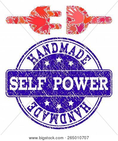 Handmade Collage Of Power Supply And Unclean Seal. Vector Blue Seal With Unclean Rubber Texture. Fla