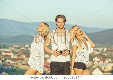Girl And Women With Photographer Outdoor. Love And Romance. Beauty And Art Fashion. Guy With Photo C