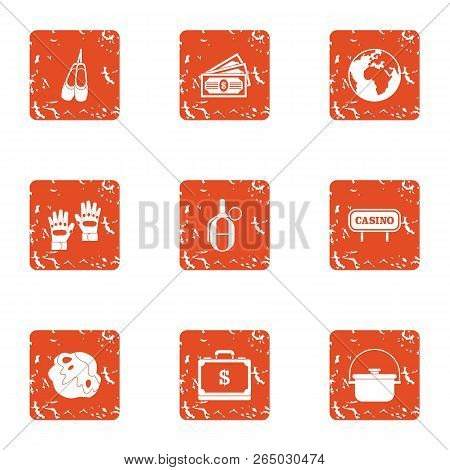 Global Exchequer Icons Set. Grunge Set Of 9 Global Exchequer Vector Icons For Web Isolated On White 