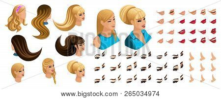 Isometric Create Emotions For Your Character, Young Girl. Set Beautiful Hairstyles And Emotions, Sad