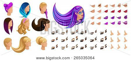 Isometric Create Emotions For Your Character, Young Girl. Set Beautiful Hairstyles And Emotions, Sad