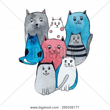 Watercolor Illustration Of Bright Cute Cats. Cartoon Characters.
