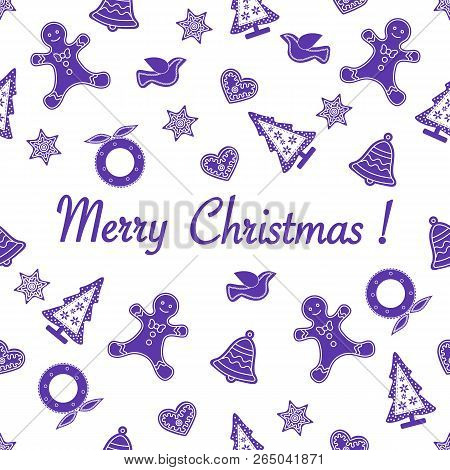 Seamless Pattern With Christmas And New Year Symbols. Christmas Trees, Christmas Wreath, Gingerbread