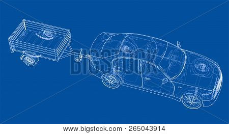 Sedan With Open Trailer Sketch. Vector Rendering Of 3d. Wire-frame Style. The Layers Of Visible And 