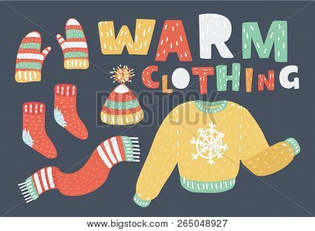Set Of Warm Winter Clothes Design. Scarf, Winter Hat With Pompom, Sweater, Knitted Socks, Mittens, O