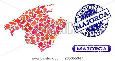 Handmade Craft Composition Of Mosaic Map Of Majorca And Grunge Stamps. Mosaic Map Of Majorca Designe