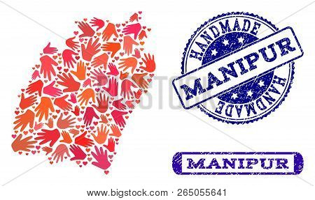 Handmade Craft Collage Of Mosaic Map Of Manipur State And Rubber Seal Stamps. Mosaic Map Of Manipur 