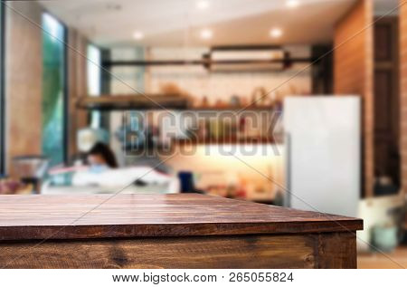 Selected Focus Empty Brown Wooden Table And Coffee Shop Or Restaurent Blur Background With Bokeh Ima