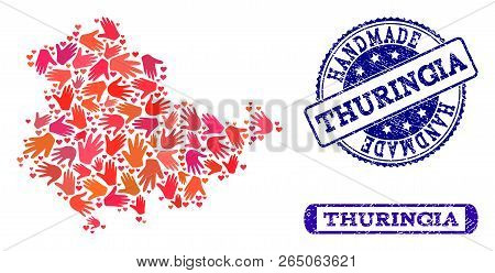 Handmade Craft Composition Of Mosaic Map Of Thuringia State And Corroded Seal Stamps. Mosaic Map Of 