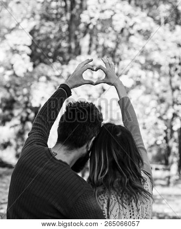 Man And Woman Turned Backwards On Autumn Trees Background.