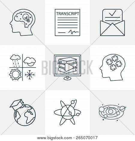 Education Icons Line Style Set With Admission Letter, Digital Library, Astronomy And Other Intellect