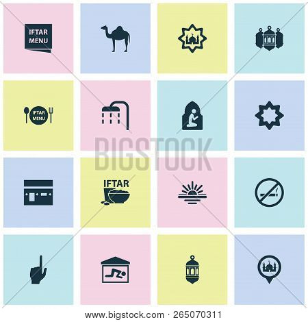Religion Icons Set With Church, Rub El Hizb, Menu And Other Room  Elements. Isolated Vector Illustra