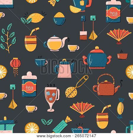 Vector Cartoon Illustration With Tea Ceremony Set: Cup, Teapot, Lemon, Tea Bags, Herbs, Sweets, Mate