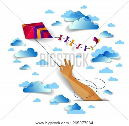 Hand Holding Kite Over Cloudy Sky, Freedom And Easiness Emotional Concept, Vector Modern Style Paper