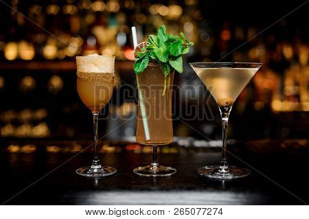 Set Of Classic Cocktails: Dirty Martini, Sherry Cobbler, Brandy Crusta Arranged On The Bar Counter