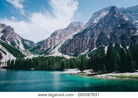 Beautiful View Of Lago Di Braies Or Pragser Wildsee, Trentino Alto Adidge, Dolomites Mountains, Ital